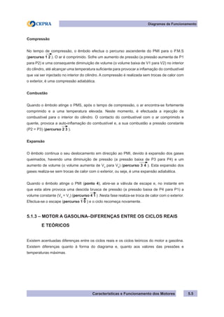 Características e Funcionamento dos Motores
Diagramas de Funcionamento
5.5
Compressão
No tempo de compressão, o êmbolo efectua o percurso ascendente do PMI para o P.M.S
(percurso 1 2 ). O ar é comprimido. Sofre um aumento de pressão (a pressão aumenta de P1
para P2) e uma consequente diminuição de volume (o volume baixa de V1 para V2) no interior
do cilindro, até alcançar uma temperatura suficiente para provocar a inflamação do combustível
que vai ser injectado no interior do cilindro. A compressão é realizada sem trocas de calor com
o exterior, é uma compressão adiabática.
Combustão
Quando o êmbolo atinge o PMS, após o tempo de compressão, o ar encontra-se fortemente
comprimido e a uma temperatura elevada. Neste momento, é efectuada a injecção de
combustível para o interior do cilindro. O contacto do combustível com o ar comprimido e
quente, provoca a auto-inflamação do combustível e, a sua combustão a pressão constante
(P2 = P3) (percurso 2 3 ).
Expansão
O êmbolo continua o seu deslocamento em direcção ao PMI, devido à expansão dos gases
queimados, havendo uma diminuição de pressão (a pressão baixa de P3 para P4) e um
aumento de volume (o volume aumenta de V3
para V4
) (percurso 3 4 ). Esta expansão dos
gases realiza-se sem trocas de calor com o exterior, ou seja, é uma expansão adiabática.
Quando o êmbolo atinge o PMI (ponto 4), abre-se a válvula de escape e, no instante em
que esta abre provoca uma descida brusca de pressão (a pressão baixa de P4 para P1) a
volume constante (V4
= V1
) (percurso 4 1 ) .Nesta fase realiza-se troca de calor com o exterior.
Efectua-se o escape (percurso 1 0 ) e o ciclo recomeça novamente.
5.1.3 – MOTOR A GASOLINA–DIFERENÇAS ENTRE OS CICLOS REAIS
	 E TEÓRICOS
Existem acentuadas diferenças entre os ciclos reais e os ciclos teóricos do motor a gasolina.
Existem diferenças quanto à forma do diagrama e, quanto aos valores das pressões e
temperaturas máximas.
 