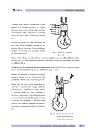 Características e Funcionamento dos Motores
Combustão e Combustíveis
6.11
Fig.6.8 – Tempo de Combustão
		 /Expansão
À medida que o êmbolo vai descendo, a tem-
peratura e a pressão no interior do cilindro
diminuem progressivamente até que, quando o
êmbolo atinge o PMI, a temperatura se encontra
abaixo dos 700 ou 800° C, como mostra a figura
6.8.
O ponto de ignição, ou seja o momento em
que salta a faísca, deverá ser de modo a que a
pressão máxima na câmara de combustão seja
atingida no momento certo (quando o êmbolo
se encontra no PMS).
Desde o momento em que salta a faísca na vela de ignição e começa a inflamação da mistura
gasosa, até à sua total combustão, passa um determinado tempo que em média é da ordem
de 0,001 a 0,002 s.
Se o processo de combustão se iniciar muito tarde, depois do PMS, então a mistura gasosa
não se queima completamente até que o êmbolo chegue ao PMI.
Quando isto acontece, a temperatura a que os
gases de escape saiem do cilindro pode subir
para 900 a 1000° C, como mostra a figura 6.9.
Neste caso há uma menor quantidade de
calor que se transforma em energia mecânica.
Por este facto, a potência do motor diminui
e algumas peças do motor passarão a
funcionar a temperaturas demasiado elevadas,
nomeadamenteasválvulasdeescape,correndo
o risco de se queimarem. O resultado deste
atraso poderá ser então: válvulas queimadas ou
empenadas, cabeças dos êmbolos danificadas,
etc.
Fig.6.9 – Temperatura dos gases de
		 escape quando a combus-
		 tão se iniciou muito tarde
 