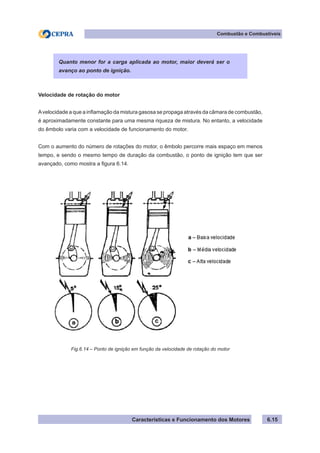 Características e Funcionamento dos Motores 6.15
Combustão e Combustíveis
Velocidade de rotação do motor
Avelocidade a que a inflamação da mistura gasosa se propaga através da câmara de combustão,
é aproximadamente constante para uma mesma riqueza de mistura. No entanto, a velocidade
do êmbolo varia com a velocidade de funcionamento do motor.
Com o aumento do número de rotações do motor, o êmbolo percorre mais espaço em menos
tempo, e sendo o mesmo tempo de duração da combustão, o ponto de ignição tem que ser
avançado, como mostra a figura 6.14.
Quanto menor for a carga aplicada ao motor, maior deverá ser o
avanço ao ponto de ignição.
Fig.6.14 – Ponto de ignição em função da velocidade de rotação do motor
 