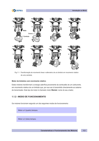 Características e Funcionamento dos Motores
Motor de êmbolos com movimento rotativo
Estes motores transformam a energia calorífica proveniente da combustão de um carburante,
em movimento rotativo de um êmbolo que, por sua vez é transmitido directamente ao sistema
de transmissão. Este tipo de motor é chamado motor Wankel, nome do seu criador.
1.1.2 - MODO DE FUNCIONAMENTO
Os motores funcionam segundo um dos seguintes modos de funcionamento:
1.3
Fig.1.1 - Transformação de movimento linear e alternativo de um êmbolo em movimento rotativo
	 de uma cambota.
Motor a 4 (quatro) tempos.
Motor a 2 (dois) tempos.
Introdução ao Motor
Bela
Êmbolo
Cambota
1 2 3 4
5 6 7 8
 