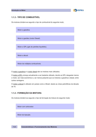 Características e Funcionamento dos Motores1.4
1.1.3 - TIPO DE COMBUSTÍVEL
Os motores dividem-se segundo o tipo de combustível do seguinte modo:
O motor a gasolina e o motor diesel são os motores mais utilizados.
O motor a GPL começa actualmente a ser bastante utilizado, devido ao GPL desgastar menos
o motor, ser mais económico e, ser menos poluente que os motores a gasolina e diesel, entre
outras vantagens.
O motor a álcool é utilizado em países como o Brasil, desde as crises petrolíferas da década
de 70.
1.1.4 - FORMAÇÃO DA MISTURA
Os motores dividem-se segundo o tipo de formação da mistura do seguinte modo:
Motor a gasolina.
Motor a gasóleo (motor Diesel).
Motor a GPL (gás de petróleo liquefeito).
Motor a álcool.
Motor de múltiplos combustíveis.
Motor com carburador.
Motor de injecção.
Introdução ao Motor
 