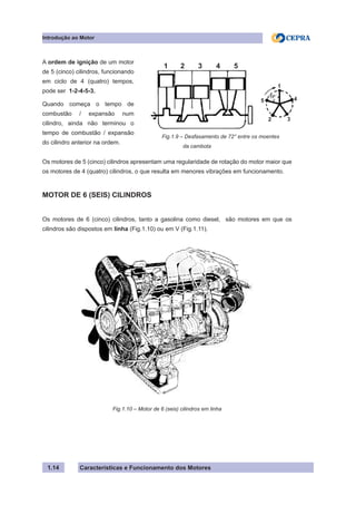 Características e Funcionamento dos Motores1.14
Os motores de 5 (cinco) cilindros apresentam uma regularidade de rotação do motor maior que
os motores de 4 (quatro) cilindros, o que resulta em menores vibrações em funcionamento.
MOTOR DE 6 (SEIS) CILINDROS
Os motores de 6 (cinco) cilindros, tanto a gasolina como diesel, são motores em que os
cilindros são dispostos em linha (Fig.1.10) ou em V (Fig.1.11).
Fig.1.10 – Motor de 6 (seis) cilindros em linha
Introdução ao Motor
Fig.1.9 – Desfasamento de 72° entre os moentes 	
da cambota
A ordem de ignição de um motor
de 5 (cinco) cilindros, funcionando
em ciclo de 4 (quatro) tempos,
pode ser 1-2-4-5-3.
Quando começa o tempo de
combustão / expansão num
cilindro, ainda não terminou o
tempo de combustão / expansão
do cilindro anterior na ordem.
1 2 3 4 5
1
2 3
45
72º
 
