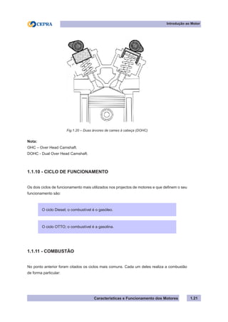 Características e Funcionamento dos Motores
Nota:
OHC – Over Head Camshaft.
DOHC - Dual Over Head Camshaft.
1.1.10 - CICLO DE FUNCIONAMENTO
Os dois ciclos de funcionamento mais utilizados nos projectos de motores e que definem o seu
funcionamento são:
1.1.11 - COMBUSTÃO
No ponto anterior foram citados os ciclos mais comuns. Cada um deles realiza a combustão
de forma particular:
1.21
Introdução ao Motor
Fig.1.20 – Duas árvores de cames à cabeça (DOHC)
O ciclo Diesel; o combustível é o gasóleo.
O ciclo OTTO; o combustível é a gasolina.
 