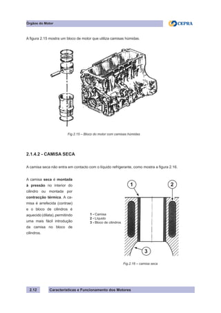 Características e Funcionamento dos Motores2.12
A figura 2.15 mostra um bloco de motor que utiliza camisas húmidas.
2.1.4.2 - CAMISA SECA
A camisa seca não entra em contacto com o líquido refrigerante, como mostra a figura 2.16.
Órgãos do Motor
Fig.2.15 – Bloco do motor com camisas húmidas
A camisa seca é montada
à pressão no interior do
cilindro ou montada por
contracção térmica. A ca-
misa é arrefecida (contrae)
e o bloco de cilindros é
aquecido (dilata), permitindo
uma mais fácil introdução
da camisa no bloco de
cilindros.
Fig.2.16 – camisa seca
1 - Camisa
2 - Líquido
3 - Bloco de cilindros
1 2
3
 