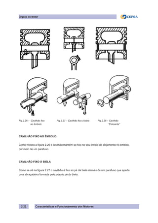 Características e Funcionamento dos Motores2.22
Órgãos do Motor
CAVILHÃO FIXO AO ÊMBOLO
Como mostra a figura 2.26 o cavilhão mantêm-se fixo no seu orifício de alojamento no êmbolo,
por meio de um parafuso.
CAVILHÃO FIXO À BIELA
Como se vê na figura 2.27 o cavilhão é fixo ao pé da biela através de um parafuso que aperta
uma abraçadeira formada pelo próprio pé da biela.
Fig.2.26 – Cavilhão fixo
	 ao êmbolo
Fig.2.27 – Cavilhão fixo à biela Fig.2.28 – Cavilhão
“Flutuante”
 