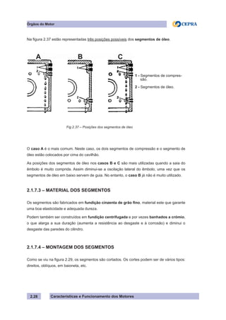 Características e Funcionamento dos Motores
Na figura 2.37 estão representadas três posições possíveis dos segmentos de óleo.
O caso A é o mais comum. Neste caso, os dois segmentos de compressão e o segmento de
óleo estão colocados por cima do cavilhão.
As posições dos segmentos de óleo nos casos B e C são mais utilizadas quando a saia do
êmbolo é muito comprida. Assim diminui-se a oscilação lateral do êmbolo, uma vez que os
segmentos de óleo em baixo servem de guia. No entanto, o caso B já não é muito utilizado.
2.1.7.3 – MATERIAL DOS SEGMENTOS
Os segmentos são fabricados em fundição cinzenta de grão fino, material este que garante
uma boa elasticidade e adequada dureza.
Podem também ser construídos em fundição centrifugada e por vezes banhados a crómio,
o que alarga a sua duração (aumenta a resistência ao desgaste e à corrosão) e diminui o
desgaste das paredes do cilindro.
2.1.7.4 – MONTAGEM DOS SEGMENTOS
Como se viu na figura 2.29, os segmentos são cortados. Os cortes podem ser de vários tipos:
direitos, oblíquos, em baioneta, etc.
2.28
Fig.2.37 – Posições dos segmentos de óleo
Órgãos do Motor
1 - Segmentos de compres-
são.
2 - Segmentos de óleo.
A B C
 