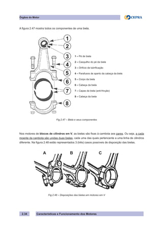 Características e Funcionamento dos Motores
A figura 2.47 mostra todos os componentes de uma biela.
Nos motores de blocos de cilindros em V, as bielas são fixas à cambota aos pares. Ou seja, a cada
moente da cambota são unidas duas bielas, cada uma das quais pertencente a uma linha de cilindros
diferente. Na figura 2.48 estão representados 3 (três) casos possíveis de disposição das bielas.
2.34
Órgãos do Motor
Fig.2.47 – Biela e seus componentes
Fig.2.48 – Disposições das bielas em motores em V
1 – Pé de biela
2 – Casquilho do pé da biela
3 – Orifício de lubrificação
4 – Parafusos de aperto da cabeça da biela
5 – Corpo da biela
6 – Cabeça da biela
7 – Capas da biela (anti-fricção)
8 – Cabeça da biela
1
2
3
4
5
6
7
8
A B C
 