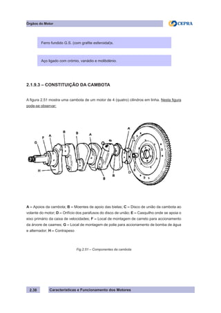 Características e Funcionamento dos Motores2.38
Fig.2.51 – Componentes da cambota
Ferro fundido G.S. (com grafite esferoidal)s.
Aço ligado com crómio, vanádio e molibdénio.
2.1.9.3 – CONSTITUIÇÃO DA CAMBOTA
A figura 2.51 mostra uma cambota de um motor de 4 (quatro) cilindros em linha. Nesta figura
pode-se observar:
A – Apoios da cambota; B – Moentes de apoio das bielas; C – Disco de união da cambota ao
volante do motor; D – Orifício dos parafusos do disco de união; E – Casquilho onde se apoia o
eixo primário da caixa de velocidades; F – Local de montagem de carreto para accionamento
da árvore de caames; G – Local de montagem de polie para accionamento de bomba de água
e alternador; H – Contrapeso
Órgãos do Motor
 