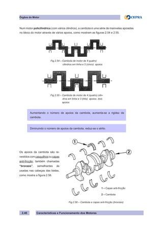 Características e Funcionamento dos Motores2.40
Num motor policilindrico (com vários cilindros), a cambota é uma série de manivelas apoiadas
no bloco do motor através de vários apoios, como mostram as figuras 2.54 e 2.55.
Os apoios da cambota são re-
vestidoscomcasquilhosoucapas
anti-fricção, também chamadas
“bronzes”, semelhantes às
usadas nas cabeças das bielas,
como mostra a figura 2.56.
Fig.2.55 – Cambota de motor de 4 (quatro) cilin-
	 dros em linha e 3 (três) apoios. dois
apoios
Órgãos do Motor
Fig.2.54 – Cambota de motor de 4 quatro)
	 cilindros em linha e 5 (cinco) apoios
Aumentando o número de apoios da cambota, aumenta-se a rigidez da
cambota.
Diminuindo o número de apoios da cambota, reduz-se o atrito.
Fig.2.56 – Cambota e capas anti-fricção (bronzes)
1 – Capas anti-fricção
2 – Cambota
1
2
 