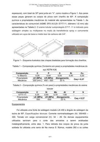 espessura), com bisel de 30º para junta em “V”, como mostra a Figura 1. Aos pares
essas peças geraram os corpos de prova com chanfro de 60º. A composição
química e propriedades mecânicas do material são apresentadas na Tabela 1. As
características do consumível (ASME SFA A-5.20: E71T-11, diâmetro 1,6 mm) são
apresentadas na Tabela 2. O arame tubular autoprotegido E71T -11 é indicado para
soldagem simples ou multipasse no modo de transferência spray e comumente
utilizado em aços de baixo e médio teor de carbono até 3/4”.
Figura 1 – Esquema ilustrativo das chapas biseladas para formação dos chanfros.
Tabela 1 – Composição química (%máximo em peso) e propriedades mecânicas do
aço ASTM A36.
Composição C P S Si Cu
% Máximo 0,26 0,04 0,05 0,40 0,20
Propriedade
Mecânica
LE (MPa) LR (MPa) Alongamento
Ceq = 0,27
250 (mín.) 400 – 550 20 %
Tabela 2 – Composição química (% em peso) e propriedades mecânicas do arame
tubular
Composição C Si Mn Al P S
E71T-11 0,25 0,40 0,70 1,60 - -
Propriedade
Mecânica
LE (MPa) LR (MPa) Alongamento
Ceq = 0,37
500 630 23 %
Equipamentos
Foi utilizada uma fonte de soldagem modelo LAI 400 e ângulo de soldagem da
tocha de 90º. Especificações técnicas: Corrente nominal/soldagem (A): 300/400 –
300; Tensão em carga convencional (V): 34 – 29. Os demais equipamentos
utilizados serviram para o corte das amostras a serem analisadas
metalograficamente, entre eles: 1. Para retirada dos corpos de prova da junta
soldada foi utilizada uma serra de fita marca S. Ramos, modelo 260 e os cortes
22º CBECiMat - Congresso Brasileiro de Engenharia e Ciência dos Materiais
06 a 10 de Novembro de 2016, Natal, RN, Brasil
6075
 