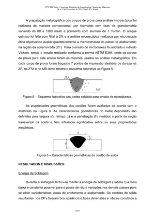 A preparação metalográfica dos corpos de prova para análise microscópica foi
realizada de maneira convencional, por lixamento com lixas de granulometria
variando de 80 a 1200 mesh e polimento com alumina de 1 mícron. O ataque
químico foi feito com Nital a 2% e a análise microscópica realizada por microscopia
ótica objetivando avaliar qualitativamente a microestrutura do passe de acabamento
na região da zona fundida (ZF). Para o ensaio de microdureza foi adotado o método
Vickers, sendo o ensaio realizado conforma a norma ASTM E384, onde os corpos
de prova para este ensaio foram os mesmos usados na análise metalográfica. Em
cada corpo de prova foram traçados 7 pontos de impressão aleatória de dureza na
ZF, na ZTA e no MB como mostra o esquema ilustrativo da Figura 5.
Figura 5 – Esquema ilustrativo das juntas soldada para ensaio de microdureza.
As propriedades geométricas dos cordões foram avaliadas de acordo com o
mostrado na Figura 6. As características geométricas do metal depositado são
definidas pela largura (l), reforço (r) e a penetração (P) medidos a partir da seção
transversal da solda e têm influência significativa sobre as suas propriedades
mecânicas.
Figura 6 – Características geométricas do cordão de solda
RESULTADOS E DISCUSSÕES
Energia de Soldagem
Durante a soldagem tentou-se manter a energia de soldagem (Tabela 3) a mais
baixa e constante possível para o passe de raiz e variações nos demais passes para
se obter características ideais de enchimento e acabamento. Os cordões de solda
resultantes nos CP’s tiveram boa aparência e boas dimensões e não se constatou a
22º CBECiMat - Congresso Brasileiro de Engenharia e Ciência dos Materiais
06 a 10 de Novembro de 2016, Natal, RN, Brasil
6078
 