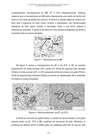 comportamento microestrutural do MB, ZF e ZTA respectivamente. Pode-se
observar que a microestrutura do MB exibiu basicamente uma matriz de ferrita (em
branco) com veios de perlita (tom escuro). A ferrita é a solução sólida de carbono em
ferro alfa e origina-se na zona crítica, durante o resfriamento, por transformação
alotrópica do ferro gama durante a laminação. Essa é sua forma estável à
temperatura ambiente. A perlita é formada por finas lamelas justapostas de ferrita e
cementita mais ou menos paralelas.
Figura 7 – Microestrutura do MB.
Na figura 8, temos a microestrutura do ZF e da ZTA. A ZF se constitui
basicamente de ferrita primária (PF), perlita (P), ferrita de segunda fase alinhada
(FS(A)) e ferrita acicular (AF). A ZTA apresenta ferrita de contorno de grão PF(G) e
ferrita de segunda fase alinhada (FS(A)) em termos de classificação IIW e presentes
em todos os corpos ensaiados.
Figura 8 – Microconstituintes. (a) ZF. (b) ZTA.
A ferrita se encontra em grãos claros e a perlita em forma lamelar e em grãos
escuros tanto na ZF, ZTA e MB, existindo em tamanhos de grão diferentes. A
presença de apenas ferrita e perlita pode ser justificada pelo fato do aço ter sido
PF(G)
FS(A)
FS(A)
AF
P
PF
(a) (b)
22º CBECiMat - Congresso Brasileiro de Engenharia e Ciência dos Materiais
06 a 10 de Novembro de 2016, Natal, RN, Brasil
6080
 