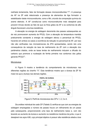 resfriado lentamente, fator de formação desses microconstituintes (6,7). A presença
da AF na ZF está relacionada a presença de elementos de liga formador e
estabilizador deste microconstituinte, como o Mn, oriundo da composição química do
arame eletrodo. A AF constitui-se como microconstituinte mais desejável para
prevenir trincas devido ao fato de que os finos grãos da AF e os contornos de alto
ângulo favorecem uma boa resistência.
A elevação na energia de soldagem decorrente dos passes subsequentes ao
de raiz promoveram aumento de PF(G). Com a elevação da temperatura mantida
praticamente constante a energia de soldagem elevou o percentual de PF(G),
havendo em ambos os casos a ocorrência da redução no percentual de AF, por isso
não são verificadas nas microestruturas da ZTA apresentadas, sendo isto uma
consequência da redução da taxa de resfriamento da ZF com a elevação dos
parâmetros citados, onde as taxas lentas de resfriamento induzem a difusão do
carbono que promove a nucleação de ferrita primária nos contornos dos grãos
gerando PF(G)(7).
Microdureza
A Figura 9 mostra a tendência do comportamento da microdureza nas
diferentes regiões do chanfro “V”. Esta tendência mostra que a dureza da ZF foi
maior do que a dureza nas demais regiões.
Figura 9. Perfil de microdureza dos CP’s 1, 2, 3 e 4.
Da análise individual de cada CP (Tabela 3) verifica-se que com as energias de
soldagem empregadas e número de passes houve um refinamento de um passe
pelo subsequente, proporcionando uma taxa de resfriamento baixa e, com isto
levando ao aumento da dureza e aumento na resistência mecânica da junta, o que é
desejável nos aços A36, cujo principal objetivo é possuir alta resistência aliada a boa
177 (7,4)
192 (7,9)192 (7,9)
204 (4,9)
164 (7,6)
169 (5,8)
159 (8,1)
167 (4,5)
140 (3,3)
1
2 3
4 1 2
3
4
22º CBECiMat - Congresso Brasileiro de Engenharia e Ciência dos Materiais
06 a 10 de Novembro de 2016, Natal, RN, Brasil
6081
 