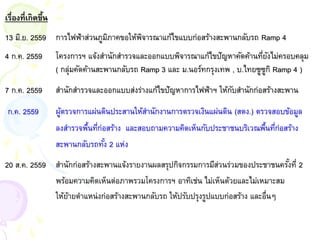 เรื่องที่เกิดขึ้น
4 ก.ค. 2559 โครงการฯ แจ้งสานักสารวจและออกแบบพิจารณาแก้ไขปัญหาคัดค้านที่ยังไม่ครอบคลุม
13 มิ.ย. 2559 การไฟฟ้าส่วนภูมิภาคขอให้พิจารณาแก้ไขแบบก่อสร้างสะพานกลับรถ Ramp 4
7 ก.ค. 2559 สานักสารวจและออกแบบส่งร่างแก้ไขปัญหาการไฟฟ้าฯ ให้กับสานักก่อสร้างสะพาน
ก.ค. 2559 ผู้ตรวจการแผ่นดินประสานให้สานักงานการตรวจเงินแผ่นดิน (สตง.) ตรวจสอบข้อมูล
20 ส.ค. 2559 สานักก่อสร้างสะพานแจ้งรายงานผลสรุปกิจกรรมการมีส่วนร่วมของประชาชนครั้งที่ 2
( กลุ่มคัดค้านสะพานกลับรถ Ramp 3 และ ม.นอร์ทกรุงเทพ , บ.ไทยซูซูกิ Ramp 4 )
ลงสารวจพื้นที่ก่อสร้าง และสอบถามความคิดเห็นกับประชาชนบริเวณพื้นที่ก่อสร้าง
พร้อมความคิดเห็นต่อภาพรวมโครงการฯ อาทิเช่น ไม่เห็นด้วยและไม่เหมาะสม
ให้ย้ายตาแหน่งก่อสร้างสะพานกลับรถ ให้ปรับปรุงรูปแบบก่อสร้าง และอื่นๆ
สะพานกลับรถทั้ง 2 แห่ง
 