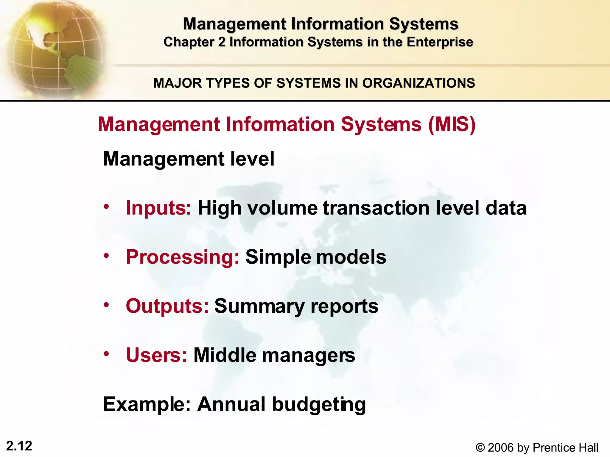 Management Information Systems Chapter 2 Information Systems in the Enterprise MAJOR TYPES OF SYSTEMS IN ORGANIZATIONS   Management Information Systems (MIS)  Management level Inputs:   High volume transaction level data   Processing:  Simple models Outputs:  Summary reports Users:  Middle managers   Example: Annual budgeting   