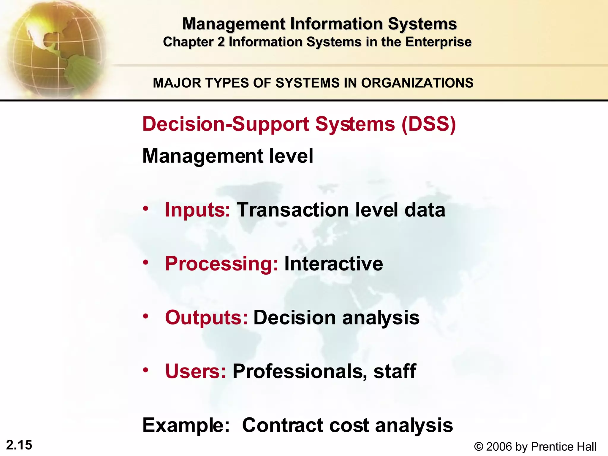 Management Information Systems Chapter 2 Information Systems in the Enterprise MAJOR TYPES OF SYSTEMS IN ORGANIZATIONS   Decision-Support Systems (DSS)  Management level Inputs:   Transaction level data   Processing:  Interactive Outputs:  Decision analysis Users:  Professionals, staff Example:  Contract cost analysis   