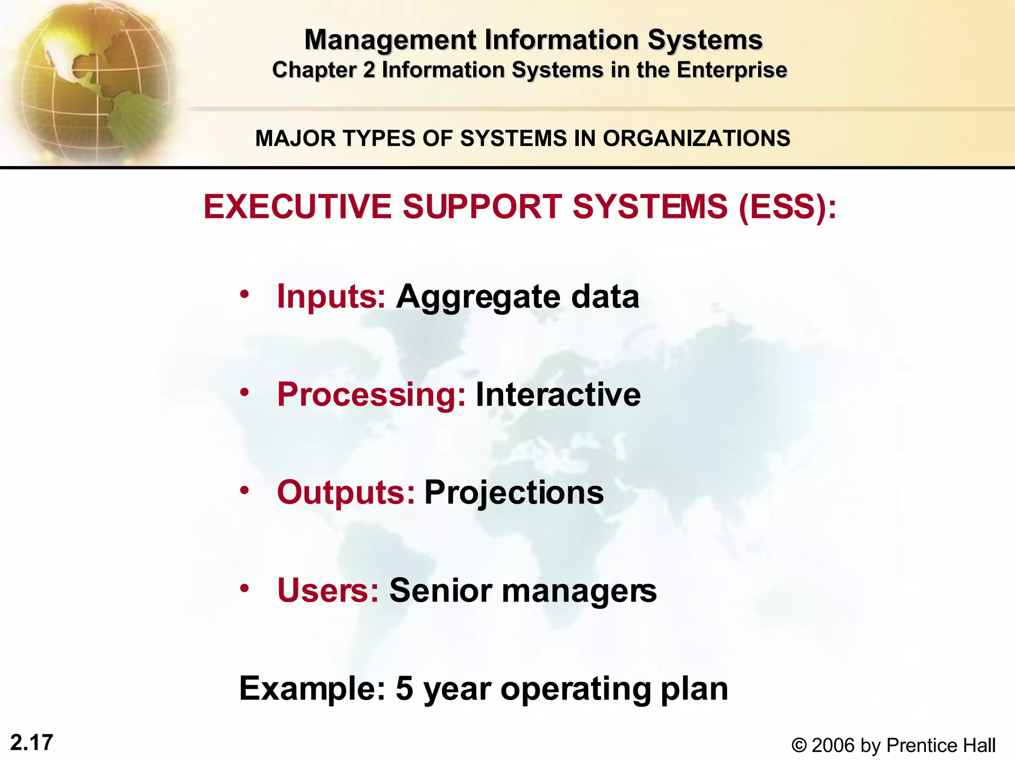 Management Information Systems Chapter 2 Information Systems in the Enterprise MAJOR TYPES OF SYSTEMS IN ORGANIZATIONS   EXECUTIVE SUPPORT SYSTEMS (ESS):  Inputs:   Aggregate data   Processing:   Interactive  Outputs:   Projections   Users:   Senior managers Example:  5 year operating plan   