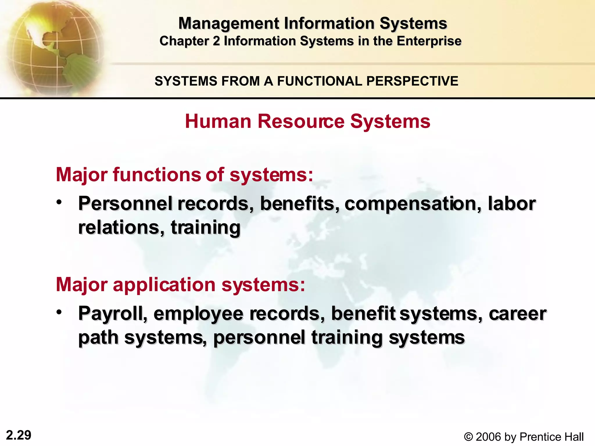 Management Information Systems Chapter 2 Information Systems in the Enterprise SYSTEMS FROM A FUNCTIONAL PERSPECTIVE  Human Resource Systems  Major functions of systems:   Personnel records, benefits, compensation, labor relations, training Major application systems:   Payroll, employee records, benefit systems, career path systems, personnel training systems 