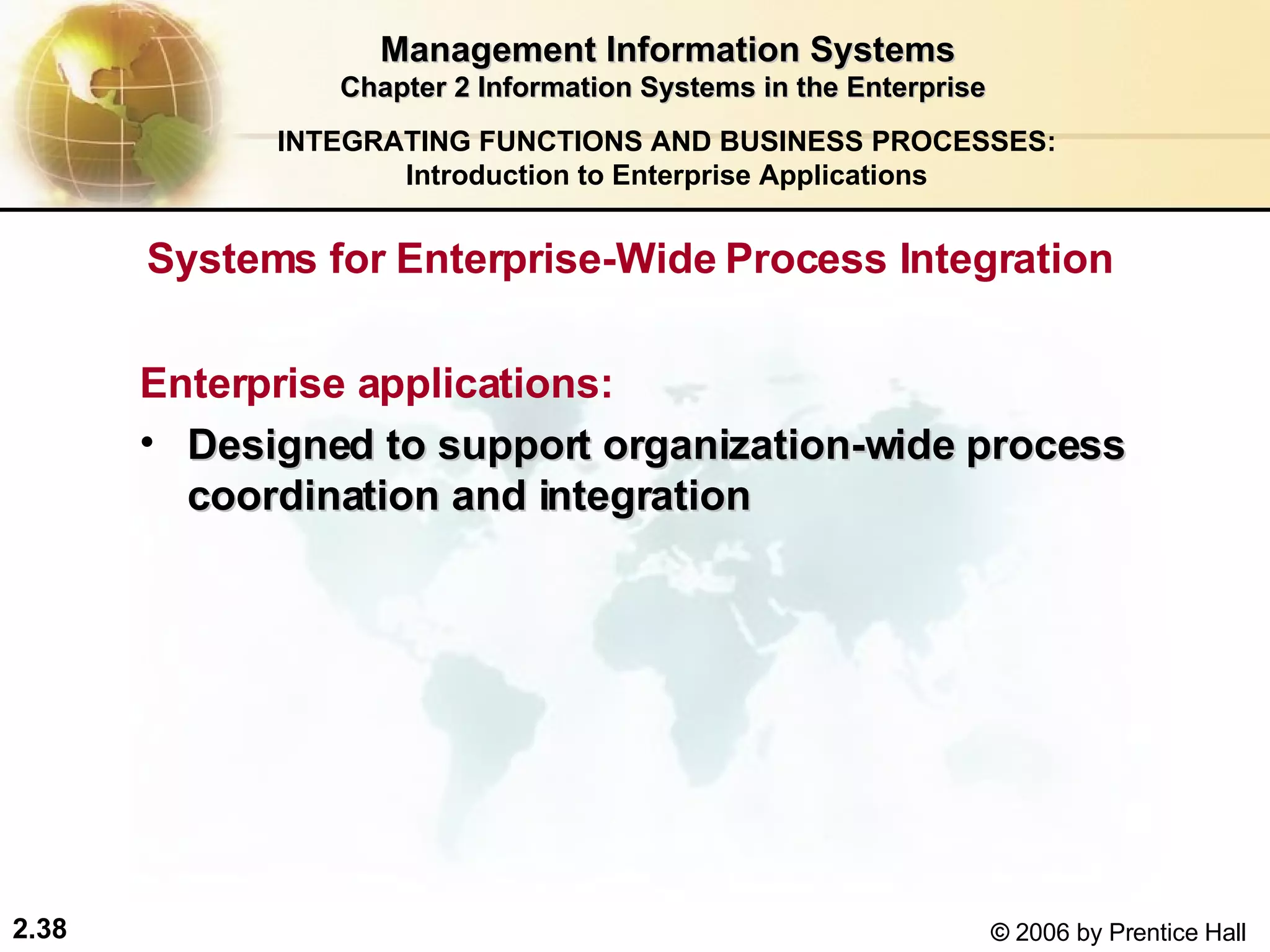 Management Information Systems Chapter 2 Information Systems in the Enterprise Systems for Enterprise-Wide Process Integration  Enterprise applications:  Designed to support organization-wide process coordination and integration INTEGRATING FUNCTIONS AND BUSINESS PROCESSES: Introduction to Enterprise Applications 