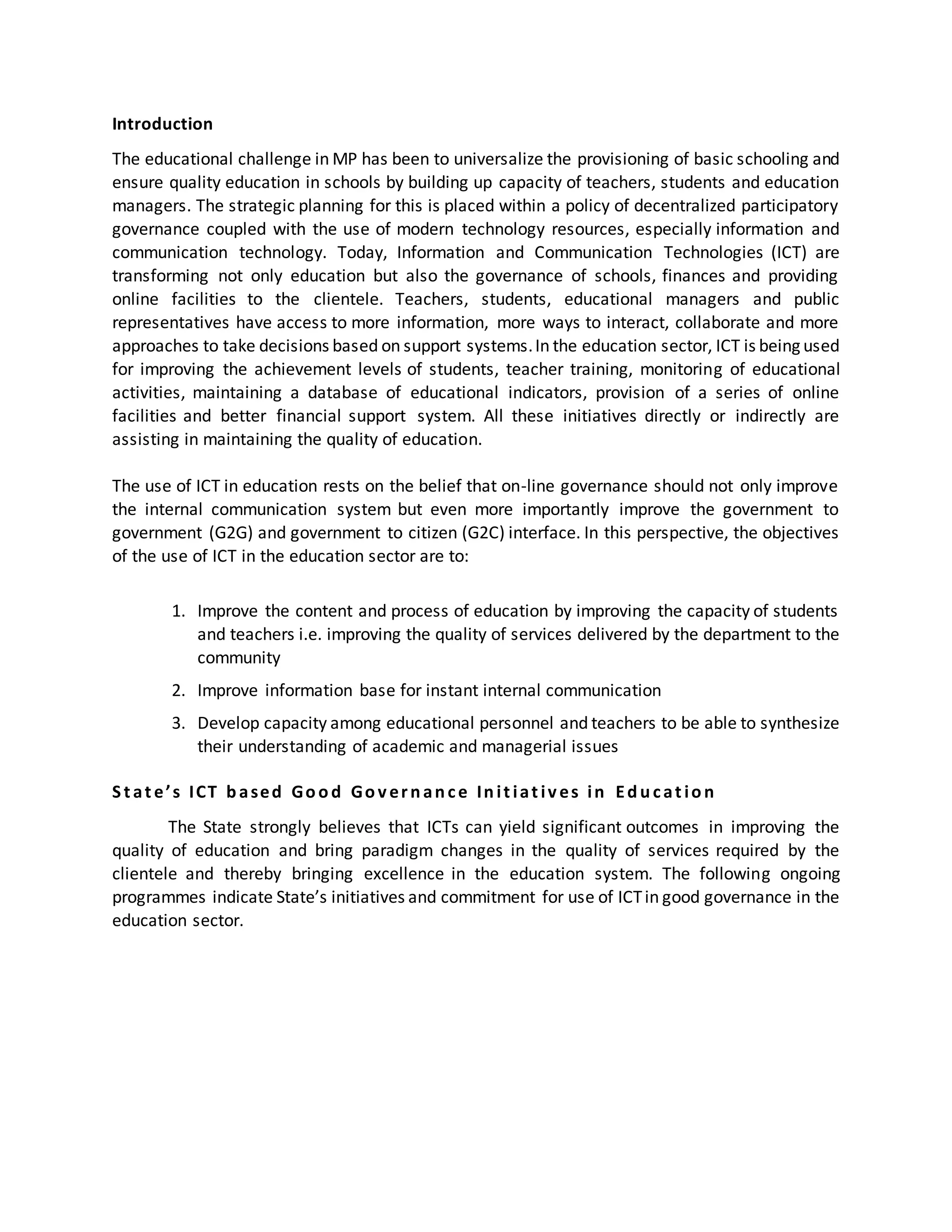 A brief on use of ICT for Madhya Pradesh School Education and Education ...