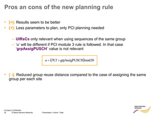 30 © Nokia Siemens Networks Presentation / Author / Date
Company Confidential
Pros an cons of the new planning rule
• [+]: Results seem to be better
• [+]: Less parameters to plan, only PCI planning needed
– UlRsCs only relevant when using sequences of the same group
– ‘u’ will be different if PCI module 3 rule is followed. In that case
‘grpAssigPUSCH’ value is not relevant
• [ -]: Reduced group reuse distance compared to the case of assigning the same
group per each site
  30modSCHgrpAssigPU PCIu
 