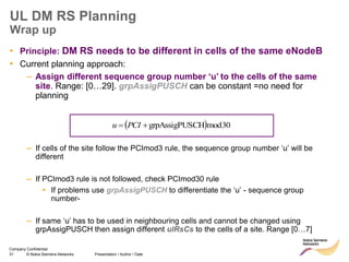 31 © Nokia Siemens Networks Presentation / Author / Date
Company Confidential
UL DM RS Planning
Wrap up
– If cells of the site follow the PCImod3 rule, the sequence group number ‘u’ will be
different
– If PCImod3 rule is not followed, check PCImod30 rule
▪ If problems use grpAssigPUSCH to differentiate the ‘u’ - sequence group
number-
– If same ‘u’ has to be used in neighbouring cells and cannot be changed using
grpAssigPUSCH then assign different ulRsCs to the cells of a site. Range [0…7]
• Principle: DM RS needs to be different in cells of the same eNodeB
• Current planning approach:
– Assign different sequence group number ‘u’ to the cells of the same
site. Range: [0…29]. grpAssigPUSCH can be constant =no need for
planning
  30modSCHgrpAssigPU PCIu
 