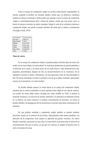 Como el ensayo de compresión simple en arcillas relativamente impermeables se
efectúa cargando la probeta con bastante rapidez, resulta que, en definitiva, constituye
también un ensayo sin drenaje si dicha arcilla está saturada. Como el ensayo de compresión
simple es extraordinariamente fácil y barato de realizar, resulta que muy pocas veces se
hacen los ensayos triaxiales en suelos saturados. Según el valor de la resistencia máxima a
compresión simple, una arcilla se puede clasificar del modo que se indica a continuación
(Terzaghi y Peck, 1955).


Consistencia   Carga última
del suelo      (kg/cm2)
Muy blanda     <0,25
Blanda         0,25-0,50
Media          0,50-1,00
Firme          1,00-2,00
Muy firme      2,00-4,00
Dura           >4,00


Tipos de rotura


       En un ensayo de compresión simple se pueden producir distintos tipos de rotura, los
cuales son la rotura frágil y la rotura dúctil. En la primera predominan las grietas paralelas a
la dirección de la carga, y la rotura ocurre de un modo brusco y bajo deformaciones muy
pequeñas, presentándose después de ella un desmoronamiento de la resistencia. En la
segunda la muestra se limita a deformarse, sin que aparezcan zonas de discontinuidad en
ella. De forma intermedia, la rotura se produce a través de un plano inclinado, apareciendo
un pico en la resistencia y un valor residual.


       En arcillas blandas aparece la rotura dúctil en el ensayo de compresión simple,
mientras que en suelos cementados se suele registrar rotura frágil en este tipo de ensayos.
Las teorías de rotura frágil fueron iniciadas por Allan Griffith en 1920, al atribuir la
reducida resistencia a la tracción de muchos materiales a la presencia de diminutas fisuras
en su interior, en cuyos extremos se produce concentración de tensiones. La rotura se
produce debido a la propagación de las microfisuras existentes bajo dicha concentración de
tensiones.


       En una probeta sometida a compresión simple también se pueden producir
tracciones locales en el contorno de las fisuras, especialmente sobre planos paralelos a la
dirección de la compresión. Esto explica la aparición de grietas verticales. En suelos
blandos sometidos a presiones no muy altas, la rotura dúctil se presenta bajo la forma de un
ensanchamiento sólo por el centro, ya que por los extremos lo impide la fricción entre el
suelo y las placas de carga.
 