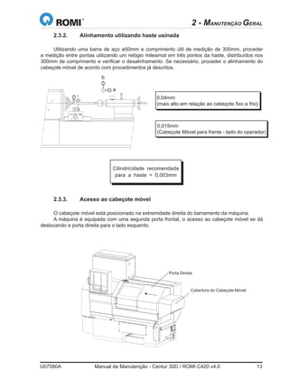 U07580A	 Manual de Manutenção - Centur 30D / ROMI C420 v4.0	 13
2 - MANUTENÇÃO GERAL
2.3.2.	 Alinhamento utilizando haste usinada
Utilizando uma barra de aço ø50mm e comprimento útil de medição de 300mm, proceder
a medição entre pontas utilizando um relógio milesimal em três pontos da haste, distribuídos nos
300mm de comprimento e verificar o desalinhamento. Se necessário, proceder o alinhamento do
cabeçote móvel de acordo com procedimentos já descritos.
0,04mm
(mais alto em relação ao cabeçote fixo a frio)
0,015mm
(Cabeçote Móvel para frente - lado do operador)
Cilindricidade recomendada
para a haste = 0,003mm
b
a
2.3.3.	 Acesso ao cabeçote móvel
O cabeçote móvel está posicionado na extremidade direita do barramento da máquina.
A máquina é equipada com uma segunda porta frontal, o acesso ao cabeçote móvel se dá
deslocando a porta direita para o lado esquerdo.
S98180**
Cobertura do Cabeçote Móvel
Porta Direita
 