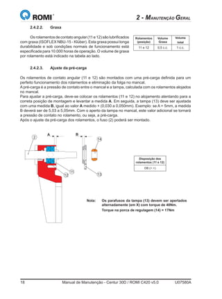 18	 Manual de Manutenção - Centur 30D / ROMI C420 v5.0	 U07580A
2 - MANUTENÇÃO GERAL
2.4.2.2.	Graxa
Os rolamentos de contato angular (11 e 12) são lubrificados
com graxa (ISOFLEX NBU-15 - Klüber). Esta graxa possui longa
durabilidade e sob condições normais de funcionamento está
especificada para 10.000 horas de operação. O volume de graxa
por rolamento está indicado na tabela ao lado.
Rolamentos
(posição)
Volume
Graxa
Volume
total
11 e 12 0,5 c.c. 1 c.c.
2.4.2.3.	 Ajuste da pré-carga
Os rolamentos de contato angular (11 e 12) são montados com uma pré-carga definida para um
perfeito funcionamento dos rolamentos e eliminação da folga no mancal.
A pré-carga é a pressão de contato entre o mancal e a tampa, calculada com os rolamentos alojados
no mancal.
Para ajustar a pré-carga, deve-se colocar os rolamentos (11 e 12) no alojamento atentando para a
correta posição de montagem e levantar a medida A. Em seguida, a tampa (13) deve ser ajustada
com uma medida B, igual ao valor A medido + (0,030 a 0,050mm). Exemplo: se A = 5mm, a medida
B deverá ser de 5,03 a 5,05mm. Com o aperto da tampa no mancal, este valor adicional se tornará
a pressão de contato no rolamento, ou seja, a pré-carga.
Após o ajuste da pré-carga dos rolamentos, o fuso (2) poderá ser montado.
A B
Nota: 	 Os parafusos da tampa (13) devem ser apertados
alternadamente (em X) com torque de 40Nm.
	 Torque na porca de regulagem (14) = 17Nm
14
12
11
13
2
Disposição dos
rolamentos (11 e 12)
DB ( )
 