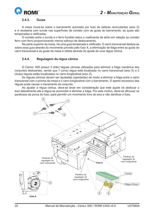 20	 Manual de Manutenção - Centur 30D / ROMI C420 v5.0	 U07580A
2.4.3.	Guias
A mesa move-se sobre o barramento acionada por fuso de esferas recirculantes (eixo Z)
e é recoberta com turcite nas superfícies de contato com as guias do barramento, as quais são
temperadas e retificadas.
O contato entre o turcite e o ferro fundido reduz o coeficiente de atrito em relação ao contato
ferro com ferro proporcionando menos esforço de deslocamento.
Na parte superior da mesa, há uma guia temperada e retificada. O carro transversal desliza-se
sobre essa guia através do movimento provido pelo fuso X, a eliminação de folga entre as guias do
carro transversal e as guias da mesa é obtida através do ajuste de uma régua cônica.
2.4.4.	 Regulagem da régua cônica
O Centur 30D possui 3 (três) réguas cônicas utilizadas para eliminar a folga mecânica dos
conjuntos deslizantes, sendo que 1 (uma) régua está localizada no carro transversal (eixo X) e 2
(duas) réguas estão localizadas no carro longitudinal (eixo Z).
As réguas cônicas devem ser ajustadas (apertadas) de modo a eliminar a folga entre o carro
transversal com o prisma da mesa e o carro longitudinal com o barramento. O aperto excessivo das
réguas pode causar o travamento do conjunto.
Ao ajustar a régua cônica, deve-se levar em consideração que este ajuste irá deslocar o
eixo lateralmente até a régua se acomodar e eliminar a folga. Por este motivo, deve-se afrouxar os
parafusos da porca do fuso, para permitir um movimento livre do eixo e não danificar o fuso.
2 - MANUTENÇÃO GERAL
1
1
2
2
Parafuso de
regulagem do
carro transversal
Parafuso de
regulagem do
carro longitudinal
Parafuso de
regulagem do
carro longitudinal
Turcite
Régua Cônica
34
Vista A
Vista A
5
 