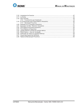 U07580A	 Manual de Manutenção - Centur 30D / ROMI C420 v5.0
MANUAL DE MANUTENÇÃO
2.16.	 Limpadores de Cavacos..............................................................................................................47
2.17.	 Luminária.....................................................................................................................................48
2.18.	 Visor da Porta..............................................................................................................................49
2.18.1.	 Procedimentos para Substituição................................................................................................... 49
2.19.	 Ar Condicionado para Painel Elétrico (Acessório).......................................................................50
2.19.1.	 Manutenção Preventiva.................................................................................................................. 50
2.20.	 Indexador de 72 posições (Acessório).........................................................................................51
2.21.	 Separador de Óleo / Skimmer (Acessório)..................................................................................54
2.22.	 Torre Elétrica Horizontal (Acessório)...........................................................................................55
2.23.	 Trava Elétrica de Segurança........................................................................................................56
2.24.	 Ligação RS232 e tomada de energia elétrica..............................................................................57
2.25.	 Painel Elétrico – Área de Ventilação............................................................................................58
2.26.	 Verificação de Todas as Ligações Elétricas.................................................................................59
2.27.	 Torque para Ajuste dos Sensores................................................................................................59
2.28.	 Tabela de Manutenção Preventiva...............................................................................................60
 
