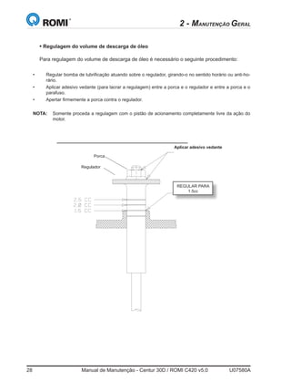 28	 Manual de Manutenção - Centur 30D / ROMI C420 v5.0	 U07580A
Manual de Manutenção
Porca
• Regulagem do volume de descarga de óleo
Para regulagem do volume de descarga de óleo é necessário o seguinte procedimento:
• 	 Regular bomba de lubrificação atuando sobre o regulador, girando-o no sentido horário ou anti-ho-
rário.
• 	 Aplicar adesivo vedante (para lacrar a regulagem) entre a porca e o regulador e entre a porca e o
parafuso.
• 	 Apertar firmemente a porca contra o regulador.
NOTA: 	 Somente proceda a regulagem com o pistão de acionamento completamente livre da ação do
motor.
Aplicar adesivo vedante
Regulador
REGULAR PARA
1.5cc
2 - MANUTENÇÃO GERAL
 