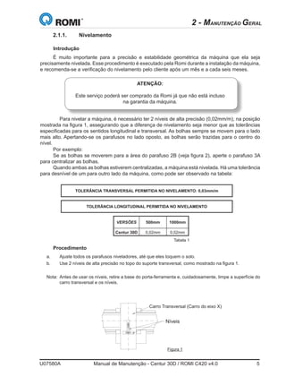 U07580A	 Manual de Manutenção - Centur 30D / ROMI C420 v4.0	 5
2 - MANUTENÇÃO GERAL
2.1.1.	Nivelamento
Introdução
Por exemplo:
Se as bolhas se moverem para a área do parafuso 2B (veja figura 2), aperte o parafuso 3A
para centralizar as bolhas.
Quando ambas as bolhas estiverem centralizadas, a máquina está nivelada. Há uma tolerância
para desnível de um para outro lado da máquina, como pode ser observado na tabela:
TOLERÂNCIA TRANSVERSAL PERMITIDA NO NIVELAMENTO: 0,03mm/m
TOLERÂNCIA LONGITUDINAL PERMITIDA NO NIVELAMENTO
VERSÕES 500mm 1000mm
Centur 30D 0,02mm 0,02mm
a.	 Ajuste todos os parafusos niveladores, até que eles toquem o solo.
b.	 Use 2 níveis de alta precisão no topo do suporte transversal, como mostrado na figura 1.
Nota:	 Antes de usar os níveis, retire a base do porta-ferramenta e, cuidadosamente, limpe a superfície do
carro transversal e os níveis.
Procedimento
Tabela 1
Manual de Operação
S60424D 43Centur 30D
1) INTRODUÇÃO
É muito importante para a precisão e longa durabilidade de operação da máquina que
ela seja precisamente nivelada. Esse procedimento deve ser feito durante a instalação da
máquina, um mês depois e a cada seis meses.
Para nivelar a máquina, é necessário ter 2 níveis de alta precisão, na posição
mostrada na figura 1, assegurando que a diferença de nivelamento seja menor que as
tolerâncias especificadas para os sentidos longitudinal e transversal. As bolhas sempre se
movem para o lado mais alto. Apertando-se os parafusos no lado oposto, as bolhas serão
trazidas para o centro do nível.
Por exemplo:
Se as bolhas se moverem para a área do parafuso 2B (veja figura 2), aperte o
parafuso 3A para centralizar as bolhas.
Quando ambas as bolhas estiverem centralizadas, a máquina está nivelada. Há uma
tolerância para desnível de um para outro lado da máquina, como pode ser observado na
tabela:
2) PROCEDIMENTO
2.1) Ajuste todos os parafusos niveladores, até que eles toquem o solo.
2.2) Use 2 níveis de alta precisão no topo do suporte transversal, como mostrado na
figura 1.
Nota: Antes de usar os níveis, retire a base do porta-ferramenta e, cuidadosamente,
limpe a superfície do carro transversal e os níveis.
VERSÕES 500mm 1000mm
Centur 30D 0,02mm 0,02mm
TOLERÂNCIA LONGITUDINAL PERMITIDA NO NIVELAMENTO
TOLERÂNCIA TRANSVERSAL PERMITIDA NO NIVELAMENTO: 0,04mm/m
3.10 NIVELAMENTO
Figura 1
Tabela 1
Suporte Transversal
Níveis
É muito importante para a precisão e estabilidade geométrica da máquina que ela seja
precisamente nivelada. Esse procedimento é executado pela Romi durante a instalação da máquina,
e recomenda-se a verificação do nivelamento pelo cliente após um mês e a cada seis meses. 	
	 Para nivelar a máquina, é necessário ter 2 níveis de alta precisão (0,02mm/m), na posição
mostrada na figura 1, assegurando que a diferença de nivelamento seja menor que as tolerâncias
especificadas para os sentidos longitudinal e transversal. As bolhas sempre se movem para o lado
mais alto. Apertando-se os parafusos no lado oposto, as bolhas serão trazidas para o centro do
nível.
ATENÇÃO:
Este serviço poderá ser comprado da Romi já que não está incluso
na garantia da máquina.
Carro Transversal (Carro do eixo X)
Figura 1
 