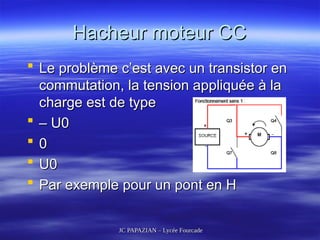 JC PAPAZIAN – Lycée Fourcade
JC PAPAZIAN – Lycée Fourcade
Hacheur moteur CC
Hacheur moteur CC
 Le problème c’est avec un transistor en
Le problème c’est avec un transistor en
commutation, la tension appliquée à la
commutation, la tension appliquée à la
charge est de type
charge est de type
 –
– U0
U0
 0
0
 U0
U0
 Par exemple pour un pont en H
Par exemple pour un pont en H
 