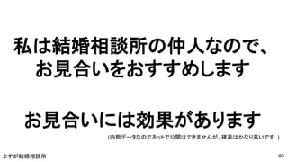 よすが結婚相談所
私は結婚相談所の仲人なので、
お見合いをおすすめします
お見合いには効果があります
(内部データなのでネットで公開はできませんが、確率はかなり高いです )
40
 
