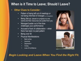 When is it Time to Leave; Should I Leave?
• Other Clues to Consider :
• Pattern of being left out of meetings or
not being...
