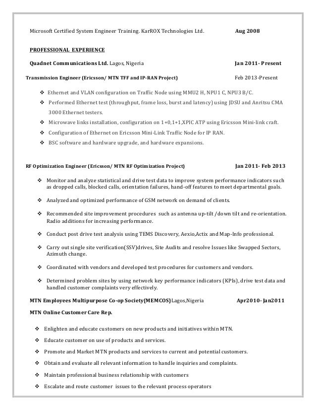 Lte rf optimization engineer resume