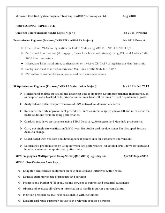 rf optimization engineer resume