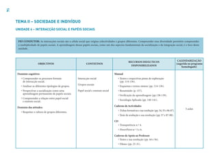 14
OBJECTIVOS CONTEÚDOS
RECURSOS DIDÁCTICOS
DISPONIBILIZADOS
CALENDARIZAÇÃO
(sugerida no programa
homologado)
Domínio cognitivo:
• Compreender os processos formais
de interacção social.
• Analisar as diferentes tipologias de grupos.
• Perspectivar a socialização como uma
aprendizagem permanente de papéis sociais.
• Compreender a relação entre papel social
e estatuto social.
Domínio das atitudes:
• Respeitar a cultura de grupos diferentes.
Interacção social
Grupos sociais
Papel social e estatuto social
Manual
• Textos e respectivas pistas de exploração
(pp. 114-136).
• Esquemas e textos-síntese (pp. 114-136).
• Resumindo (p. 137).
• Verificação da aprendizagem (pp.138-139).
• Sociologia Aplicada (pp. 140-141).
Caderno de Actividades
• Fichas formativas e sua resolução (pp. 34, 35 e 86-87).
• Teste de avaliação e sua resolução (pp. 37 e 87-88).
CD
• Transparência n.º 4.
• PowerPoint n.º 5 e 6.
Caderno de Apoio ao Professor
• Testes e sua resolução (pp. 44 e 56).
• Filmes (pp. 25-31).
5 aulas
TEMA II – SOCIEDADE E INDIVÍDUO
UNIDADE 4 – INTERACÇÃO SOCIAL E PAPÉIS SOCIAIS
FIO CONDUTOR: As interacções sociais são a célula social que origina colectividades e grupos diferentes. Compreender essa diversidade permitirá compreender
a multiplicidade de papéis sociais. A aprendizagem desses papéis sociais, como um dos aspectos fundamentais da socialização e da integração social, é o foco desta
unidade.
 