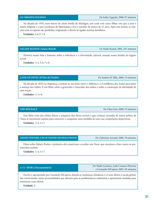 AS VIRGENS SUICIDAS De Sofia Coppola, 2000, 97 minutos
Na década de 1970, num bairro de classe média de Michigan, um casal com cinco filhas (em que a mãe é
muito religiosa e o pai é professor de Matemática) vive o suicídio da menor de 13 anos. Após este drama, as rela-
ções com os rapazes são proibidas, originando o desvio às rígidas normas familiares.
Unidades: 3,4,5,7 e 8.
SALADE MAISON (Salata Baladi) De Nadia Kamel, 2005, 107 minutos
História muito bela e humana sobre a tolerância e a diversidade cultural, situada numa família do Egipto
actual.
Unidades: 3, 4, 5, 6, 7 e 8.
LAND OF DEVIL (El País del Diablo) De Andrés Di Tella, 2008, 75 minutos
Na década de 1870, na Argentina, constrói-se um fosso entre o Atlântico e a Cordilheira dos Andes para deter
a ameaça dos índios. É um filme sobre o genocídio e etnocídio dos índios e sobre a construção da identidade de
uma nação.
Unidades: 3, 5 e 8.
THE RED RACE De Chao Gan, 2008, 70 minutos
Este filme trata dos efeitos físicos e psíquicos dos duros treinos a que crianças oriundas de meios pobres da
China se encontram sujeitas para concorrer e conquistar uma medalha de ouro nas competições desportivas.
Unidades: 3, 4, 5 e 7.
SIDNEY POITIER, UM OUTSIDER EM HOLLYWOOD De Catherine Arnaud, 2008, 70 minutos
Filme sobre Sidney Poitier, o primeiro afro-americano a receber um Oscar, que encarnou a luta contra os pre-
conceitos racistas.
Unidades: 3, 4, 5 e 7.
A 11.ª HORA (Documentário)
De Nadia Conners, Leila Conners Petersen
e Leonardo DiCaprio, 2007, 95 minutos
Escrito e apresentado por Leonardo DiCaprio, aborda as mudanças climáticas e os seus efeitos à escala global.
São entrevistadas várias personalidades que alertam para as problemáticas ambientais e apresentam medidas para
minimizar esses efeitos.
Unidade: 6
31
 