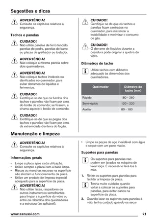 Sugestões e dicas
ADVERTÊNCIA!
Consulte os capítulos relativos à
segurança.
Tachos e panelas
CUIDADO!
Não utilize panelas de ferro fundido,
panelas de pedra, panelas de barro
ou placas de grelhador ou tostador.
ADVERTÊNCIA!
Não coloque a mesma panela sobre
dois queimadores.
ADVERTÊNCIA!
Não coloque tachos instáveis ou
danificados no queimador, para
evitar derrames de líquidos e
ferimentos.
CUIDADO!
Certifique-se de que os fundos dos
tachos e panelas não ficam por cima
do botão de comando; se ficarem, a
chama aquece o botão de comando.
CUIDADO!
Certifique-se de que as pegas dos
tachos e panelas não ficam por cima
da extremidade dianteira do fogão.
CUIDADO!
Certifique-se de que os tachos e
panelas ficam centrados no
queimador, para maximizar a
estabilidade e minimizar o consumo
de gás.
CUIDADO!
O derrame de líquidos durante a
cozedura pode originar a quebra do
vidro.
Diâmetros de tacho
Utilize tachos com diâmetro
adequado às dimensões dos
queimadores.
Queimador Diâmetro do
tacho (mm)
Rápido 180 - 260
Semi-rápido 120 - 220
Auxiliar 80 - 180
Manutenção e limpeza
ADVERTÊNCIA!
Consulte os capítulos relativos à
segurança.
Informações gerais
• Limpe a placa após cada utilização.
• Utilize sempre a placa com a base limpa.
• Riscos ou manchas escuras na superfície
não afectam o funcionamento da placa.
• Utilize um produto de limpeza especial
adequado para a superfície da placa.
ADVERTÊNCIA!
Não utilize facas, raspadores ou
outros instrumentos semelhantes
para limpar a superfície do vidro ou
entre os rebordos dos queimadores
e a estrutura (se aplicável).
• Limpe as peças de aço inoxidável com água
e seque com um pano macio.
Suportes para panelas
Os suportes para panelas não
podem ser lavados na máquina de
lavar loiça. É necessário lavá-los à
mão.
1. Retire os suportes para panelas para
facilitar a limpeza da placa.
Tenha muito cuidado quando
voltar a colocar os suportes para
panelas, para evitar danos na
superfície da placa.
2. Quando lavar os suportes para panelas à
mão, tenha cuidado quando os secar
www.zanussi.com 21
 