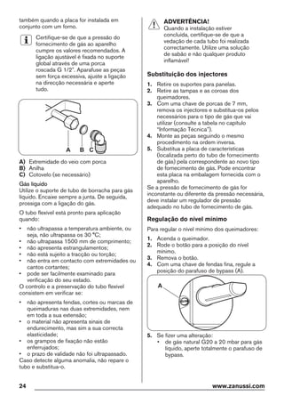 também quando a placa for instalada em
conjunto com um forno.
Certifique-se de que a pressão do
fornecimento de gás ao aparelho
cumpre os valores recomendados. A
ligação ajustável é fixada no suporte
global através de uma porca
roscada G 1/2". Aparafuse as peças
sem força excessiva, ajuste a ligação
na direcção necessária e aperte
tudo.
A B C
A) Extremidade do veio com porca
B) Anilha
C) Cotovelo (se necessário)
Gás líquido
Utilize o suporte de tubo de borracha para gás
líquido. Encaixe sempre a junta. De seguida,
prossiga com a ligação do gás.
O tubo flexível está pronto para aplicação
quando:
• não ultrapassa a temperatura ambiente, ou
seja, não ultrapassa os 30 °C;
• não ultrapassa 1500 mm de comprimento;
• não apresenta estrangulamentos;
• não está sujeito a tracção ou torção;
• não entra em contacto com extremidades ou
cantos cortantes;
• pode ser facilmente examinado para
verificação do seu estado.
O controlo e a preservação do tubo flexível
consistem em verificar se:
• não apresenta fendas, cortes ou marcas de
queimaduras nas duas extremidades, nem
em toda a sua extensão;
• o material não apresenta sinais de
endurecimento, mas sim a sua correcta
elasticidade;
• os grampos de fixação não estão
enferrujados;
• o prazo de validade não foi ultrapassado.
Caso detecte alguma anomalia, não repare o
tubo e substitua-o.
ADVERTÊNCIA!
Quando a instalação estiver
concluída, certifique-se de que a
vedação de cada tubo foi realizada
correctamente. Utilize uma solução
de sabão e não qualquer produto
inflamável!
Substituição dos injectores
1. Retire os suportes para panelas.
2. Retire as tampas e as coroas dos
queimadores.
3. Com uma chave de porcas de 7 mm,
remova os injectores e substitua-os pelos
necessários para o tipo de gás que vai
utilizar (consulte a tabela no capítulo
“Informação Técnica”).
4. Monte as peças seguindo o mesmo
procedimento na ordem inversa.
5. Substitua a placa de características
(localizada perto do tubo de fornecimento
de gás) pela correspondente ao novo tipo
de fornecimento de gás. Pode encontrar
esta placa na embalagem fornecida com o
aparelho.
Se a pressão de fornecimento de gás for
inconstante ou diferente da pressão necessária,
deve instalar um regulador de pressão
adequado no tubo de fornecimento de gás.
Regulação do nível mínimo
Para regular o nível mínimo dos queimadores:
1. Acenda o queimador.
2. Rode o botão para a posição do nível
mínimo.
3. Remova o botão.
4. Com uma chave de fendas fina, regule a
posição do parafuso de bypass (A).
A
5. Se fizer uma alteração:
• de gás natural G20 a 20 mbar para gás
líquido, aperte totalmente o parafuso de
bypass.
24 www.zanussi.com
 