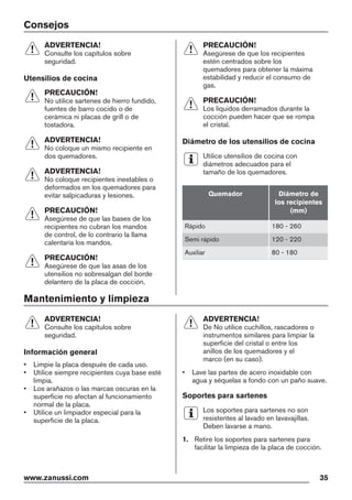 Consejos
ADVERTENCIA!
Consulte los capítulos sobre
seguridad.
Utensilios de cocina
PRECAUCIÓN!
No utilice sartenes de hierro fundido,
fuentes de barro cocido o de
cerámica ni placas de grill o de
tostadora.
ADVERTENCIA!
No coloque un mismo recipiente en
dos quemadores.
ADVERTENCIA!
No coloque recipientes inestables o
deformados en los quemadores para
evitar salpicaduras y lesiones.
PRECAUCIÓN!
Asegúrese de que las bases de los
recipientes no cubran los mandos
de control, de lo contrario la llama
calentaría los mandos.
PRECAUCIÓN!
Asegúrese de que las asas de los
utensilios no sobresalgan del borde
delantero de la placa de cocción.
PRECAUCIÓN!
Asegúrese de que los recipientes
estén centrados sobre los
quemadores para obtener la máxima
estabilidad y reducir el consumo de
gas.
PRECAUCIÓN!
Los líquidos derramados durante la
cocción pueden hacer que se rompa
el cristal.
Diámetro de los utensilios de cocina
Utilice utensilios de cocina con
diámetros adecuados para el
tamaño de los quemadores.
Quemador Diámetro de
los recipientes
(mm)
Rápido 180 - 260
Semi rápido 120 - 220
Auxiliar 80 - 180
Mantenimiento y limpieza
ADVERTENCIA!
Consulte los capítulos sobre
seguridad.
Información general
• Limpie la placa después de cada uso.
• Utilice siempre recipientes cuya base esté
limpia.
• Los arañazos o las marcas oscuras en la
superficie no afectan al funcionamiento
normal de la placa.
• Utilice un limpiador especial para la
superficie de la placa.
ADVERTENCIA!
De No utilice cuchillos, rascadores o
instrumentos similares para limpiar la
superficie del cristal o entre los
anillos de los quemadores y el
marco (en su caso).
• Lave las partes de acero inoxidable con
agua y séquelas a fondo con un paño suave.
Soportes para sartenes
Los soportes para sartenes no son
resistentes al lavado en lavavajillas.
Deben lavarse a mano.
1. Retire los soportes para sartenes para
facilitar la limpieza de la placa de cocción.
www.zanussi.com 35
 