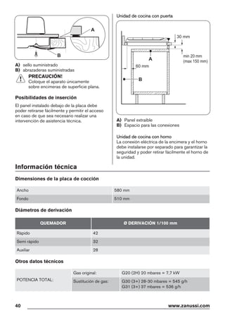 A
B
A) sello suministrado
B) abrazaderas suministradas
PRECAUCIÓN!
Coloque el aparato únicamente
sobre encimeras de superficie plana.
Posibilidades de inserción
El panel instalado debajo de la placa debe
poder retirarse fácilmente y permitir el acceso
en caso de que sea necesario realizar una
intervención de asistencia técnica.
Unidad de cocina con puerta
min 20 mm
(max 150 mm)
30 mm
60 mm
B
A
A) Panel extraíble
B) Espacio para las conexiones
Unidad de cocina con horno
La conexión eléctrica de la encimera y el horno
debe instalarse por separado para garantizar la
seguridad y poder retirar fácilmente el horno de
la unidad.
Información técnica
Dimensiones de la placa de cocción
Ancho 580 mm
Fondo 510 mm
Diámetros de derivación
QUEMADOR Ø DERIVACIÓN 1/100 mm
Rápido 42
Semi rápido 32
Auxiliar 28
Otros datos técnicos
POTENCIA TOTAL:
Gas original: G20 (2H) 20 mbares = 7,7 kW
Sustitución de gas: G30 (3+) 28-30 mbares = 545 g/h
G31 (3+) 37 mbares = 536 g/h
40 www.zanussi.com
 