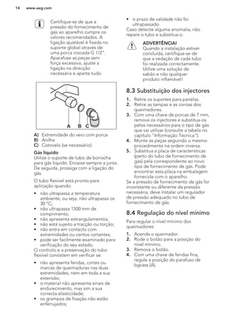 Certifique-se de que a
pressão do fornecimento de
gás ao aparelho cumpre os
valores recomendados. A
ligação ajustável é fixada no
suporte global através de
uma porca roscada G 1/2".
Aparafuse as peças sem
força excessiva, ajuste a
ligação na direcção
necessária e aperte tudo.
A B C
A) Extremidade do veio com porca
B) Anilha
C) Cotovelo (se necessário)
Gás líquido
Utilize o suporte de tubo de borracha
para gás líquido. Encaixe sempre a junta.
De seguida, prossiga com a ligação do
gás.
O tubo flexível está pronto para
aplicação quando:
• não ultrapassa a temperatura
ambiente, ou seja, não ultrapassa os
30 °C;
• não ultrapassa 1500 mm de
comprimento;
• não apresenta estrangulamentos;
• não está sujeito a tracção ou torção;
• não entra em contacto com
extremidades ou cantos cortantes;
• pode ser facilmente examinado para
verificação do seu estado.
O controlo e a preservação do tubo
flexível consistem em verificar se:
• não apresenta fendas, cortes ou
marcas de queimaduras nas duas
extremidades, nem em toda a sua
extensão;
• o material não apresenta sinais de
endurecimento, mas sim a sua
correcta elasticidade;
• os grampos de fixação não estão
enferrujados;
• o prazo de validade não foi
ultrapassado.
Caso detecte alguma anomalia, não
repare o tubo e substitua-o.
ADVERTÊNCIA!
Quando a instalação estiver
concluída, certifique-se de
que a vedação de cada tubo
foi realizada correctamente.
Utilize uma solução de
sabão e não qualquer
produto inflamável!
8.3 Substituição dos injectores
1. Retire os suportes para panelas.
2. Retire as tampas e as coroas dos
queimadores.
3. Com uma chave de porcas de 7 mm,
remova os injectores e substitua-os
pelos necessários para o tipo de gás
que vai utilizar (consulte a tabela no
capítulo “Informação Técnica”).
4. Monte as peças seguindo o mesmo
procedimento na ordem inversa.
5. Substitua a placa de características
(perto do tubo de fornecimento de
gás) pela correspondente ao novo
tipo de fornecimento de gás. Pode
encontrar esta placa na embalagem
fornecida com o aparelho.
Se a pressão de fornecimento de gás for
inconstante ou diferente da pressão
necessária, deve instalar um regulador
de pressão adequado no tubo de
fornecimento de gás.
8.4 Regulação do nível mínimo
Para regular o nível mínimo dos
queimadores:
1. Acenda o queimador.
2. Rode o botão para a posição do
nível mínimo.
3. Remova o botão.
4. Com uma chave de fendas fina,
regule a posição do parafuso de
bypass (A).
www.aeg.com14
 