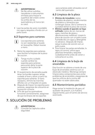 ADVERTENCIA!
De No utilice cuchillos,
rascadores o instrumentos
similares para limpiar la
superficie del cristal o entre
los anillos de los
quemadores y el marco (en
su caso).
• Lave las partes de acero inoxidable
con agua y séquelas a fondo con un
paño suave.
6.2 Soportes para sartenes
Los soportes para sartenes
no son resistentes al lavado
en lavavajillas. Deben lavarse
a mano.
1. Retire los soportes para sartenes
para facilitar la limpieza de la placa
de cocción.
Tenga mucho cuidado
cuando cambie los
soportes para sartenes
para evitar dañar la parte
superior de la placa de
cocción.
2. El revestimiento de esmalte puede
tener los bordes rugosos; tenga
cuidado al lavar y secar a mano los
soportes para sartenes. Si fuera
necesario, elimine las manchas
difíciles con un limpiador en pasta.
3. Después de limpiar los soportes para
sartenes, asegúrese de colocarlos en
la posición correcta.
4. A fin de que los quemadores
funcionen correctamente, asegúrese
de que los brazos de los soportes
para sartenes estén alineados con el
centro del quemador.
6.3 Limpieza de la placa
• Elimine de inmediato: restos
fundidos de plástico, recubrimientos
de plástico y alimentos que
contengan azúcar. De lo contrario la
suciedad dañará la placa de cocción.
• Elimine cuando el aparato se haya
enfriado: restos de cal, marcas de
agua, manchas de grasa y
decoloraciones metálicas. Limpie la
placa de cocción con un paño suave
humedecido con agua y detergente
no abrasivo. Después de limpiar,
seque la placa de cocción con un
paño suave.
• Para limpiar las partes esmaltadas, la
tapa y la corona, utilice agua
jabonosa templada y séquelas
cuidadosamente antes de volver a
colocarlas en su sitio.
6.4 Limpieza de la bujía de
encendido
Esta función se obtiene a través de una
bujía de encendido cerámica con un
electrodo metálico. Mantenga siempre
limpios estos componentes para evitar
problemas de encendido y asegúrese de
que los orificios de la corona del
quemador no estén obstruidos.
6.5 Mantenimiento periódico
Haga revisar la instalación de gas y el
ajustador de presión, si lo hubiera,
regularmente y por el Centro de servicio
autorizado.
7. SOLUCIÓN DE PROBLEMAS
ADVERTENCIA!
Consulte los capítulos sobre
seguridad.
www.aeg.com28
 