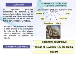 ECONOMÍA
APORTES CULTURALES
La agricultura generaba
excedentes de cereales y la
ganadería abundante lana, que se
comercializaba con otras regiones
por productos que en la zona no
había, como maderas y metales.
Los principales productos cultivados eran:
cebada
trigo
legumbres olivos
palmeras
vid
La base de la economía era la
agricultura y el comercio.
Esta gran red económica se llevó
a cabo gracias a la construcción
de sistemas de canales, diques,
presas y depósitos, desarrollados
por esclavos al servicio del
Estado.
ESCRITURA CUNEIFORME
CÓDIGO DE HAMURABI (LEY DEL TALIÓN)
ZIGURAT
 