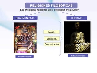 RELIGIONES FILOSÓFICAS
BRAHMANISMO. BUDISMO.
Brahma (creador) Buda (el iluminado)
Las principales religiones de la civilización India fueron
Moral.
Sabiduría.
Concentración.
 