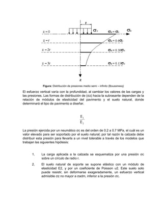 Figura: Distribución de presiones medio semi – infinito (Boussinesq)
El esfuerzo vertical varía con la profundidad, al cambiar los valores de las cargas y
las presiones. Las formas de distribución de (σz) hacia la subrasante dependen de la
relación de módulos de elasticidad del pavimento y el suelo natural, donde
determinará el tipo de pavimento a diseñar.
La presión ejercida por un neumático σc es del orden de 0.2 a 0.7 MPa, el cuál es un
valor elevado para ser soportado por el suelo natural; por tal razón la calzada debe
distribuir esta presión para llevarla a un nivel tolerable a través de los modelos que
trabajan las siguientes hipótesis:
1. La carga aplicada a la calzada se esquematiza por una presión σc
sobre un círculo de radio r.
2. El suelo natural de soporte se supone elástico con un módulo de
elasticidad E2, y por un coeficiente de Poisson υ2. Este suelo solo
puede resistir, sin deformarse exageradamente, un esfuerzo vertical
admisible σz no mayor a σadm, inferior a la presión σc.
 