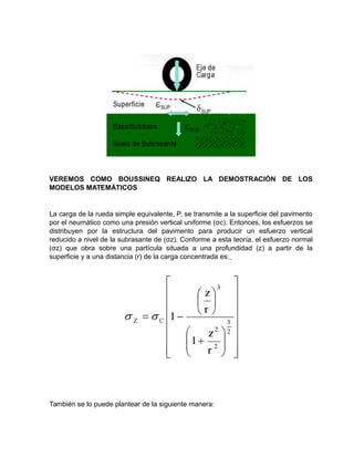 VEREMOS COMO BOUSSINEQ REALIZO LA DEMOSTRACIÓN DE LOS
MODELOS MATEMÁTICOS
La carga de la rueda simple equivalente, P, se transmite a la superficie del pavimento
por el neumático como una presión vertical uniforme (σc). Entonces, los esfuerzos se
distribuyen por la estructura del pavimento para producir un esfuerzo vertical
reducido a nivel de la subrasante de (σz). Conforme a esta teoría, el esfuerzo normal
(σz) que obra sobre una partícula situada a una profundidad (z) a partir de la
superficie y a una distancia (r) de la carga concentrada es:
También se lo puede plantear de la siguiente manera:
 